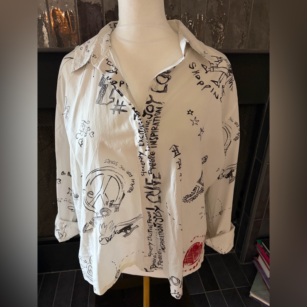 Chico's Design, White Button-Up Shirt with Black Sketch Graffiti Print, GUC